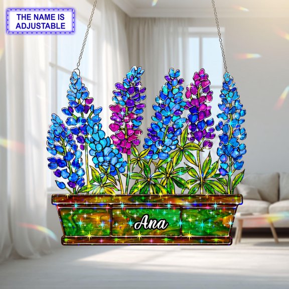Personalized Lupine Flower Acrylic Suncatcher, Custom Name Holographic Window Hanging Decor, Garden and Nature Lover Gift