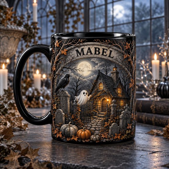 Personalized Mabel Ghost Cottage Cemetery Raven Ceramic Coffee Mug Gift