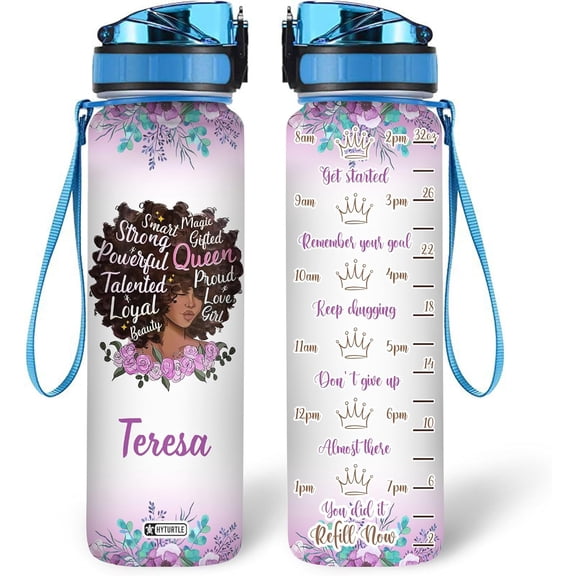 Personalized Magic Gifted Queen Proud Love Girl 32Oz Liter Motivational Water Bottle, Customized Africa American Water Bottle With Time Marker, Gifts For Black Women Girls On Birthday