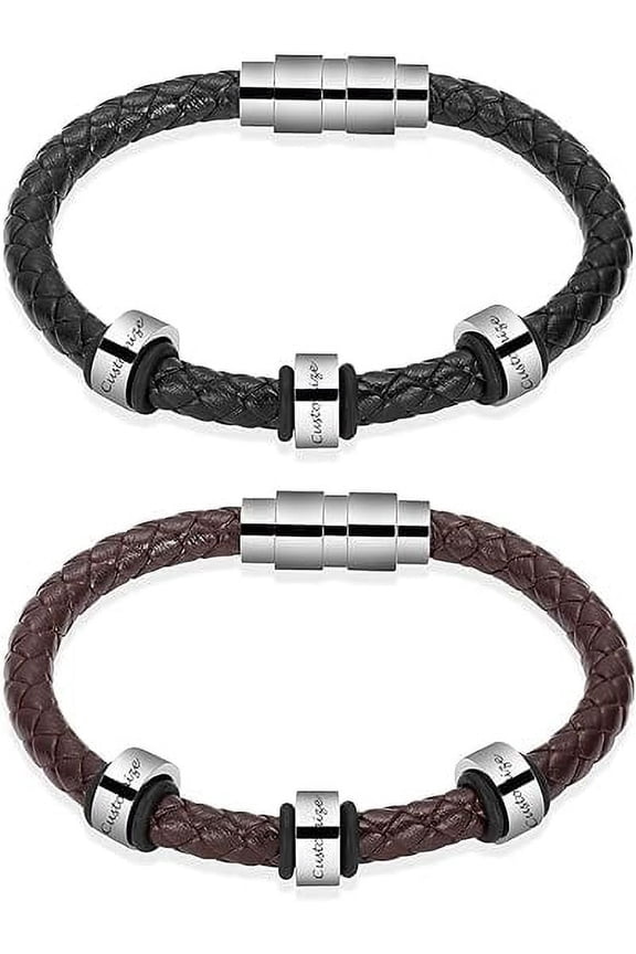 Personalized Magnetic Clasp Leather Urn Bracelet Cremation Bracelet for Ashes 3 Beads Memorial Urn Bangle 316L Stainless Steel Ashes Holder 18-24CM