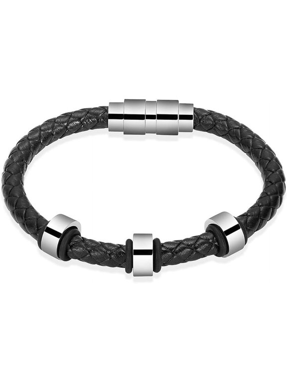 Personalized Magnetic Clasp Leather Urn Bracelet Cremation Bracelet for Ashes 3 Beads Memorial Urn Bangle 316L Stainless Steel Ashes Holder 18-24CM