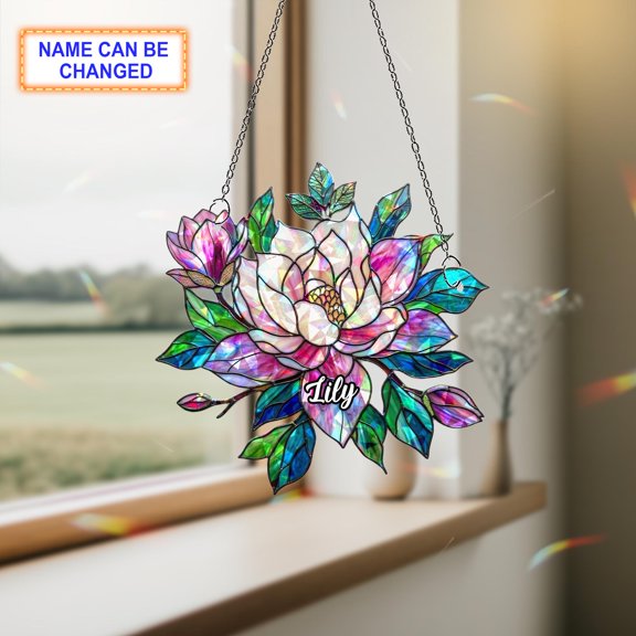 Personalized Magnolia Flower Acrylic Suncatcher, Custom Name Holographic Window Hanging Decor, Garden and Nature Lover Gift for Women