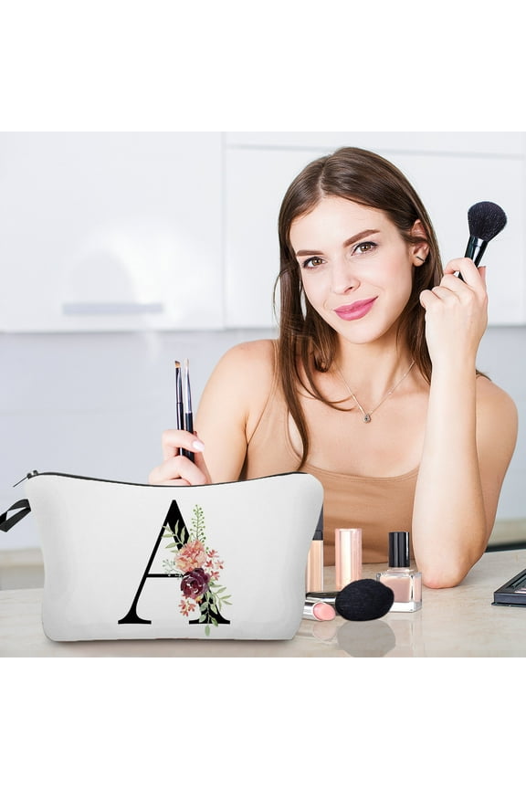 Personalized Makeup Bag with Alphabet Initial | Floral Watercolor Letter Cosmetic Pouch | Durable Polyester | Multifunctional Travel Organizer for Women | 18x13.5cm | Gift for Mom Friend Bridesmaid