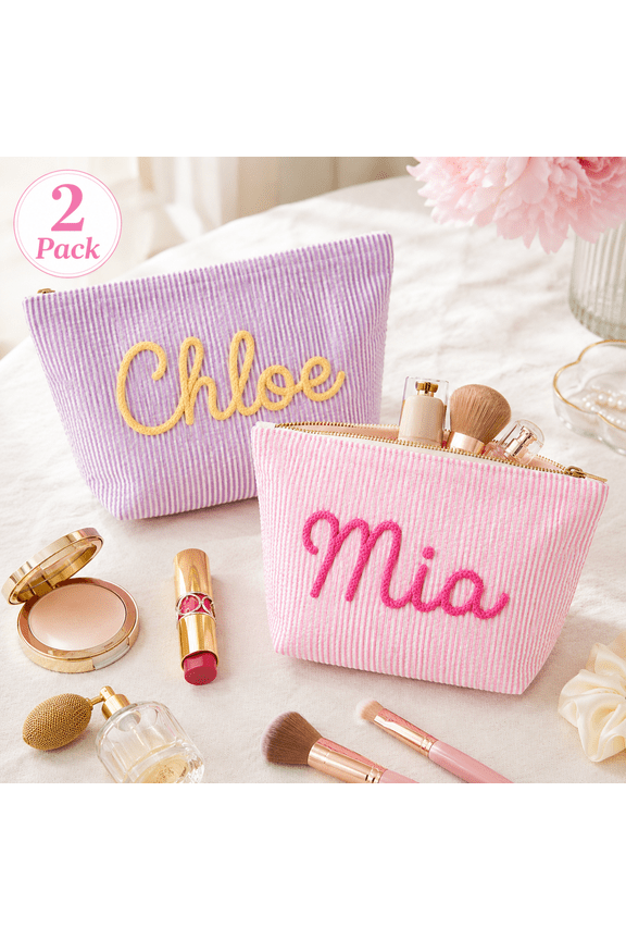 Personalized Makeup Bags, Custom Name Striped Travel Pouch Set (2 Pack / 3 Pack / 6 Pack)