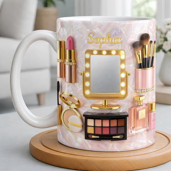 Personalized Makeup Mirror Mug, Custom Name Coffee Mug, Beauty Lover Gift, Vanity Light Mirror Cup, Makeup Artist Gift, Gift for Her