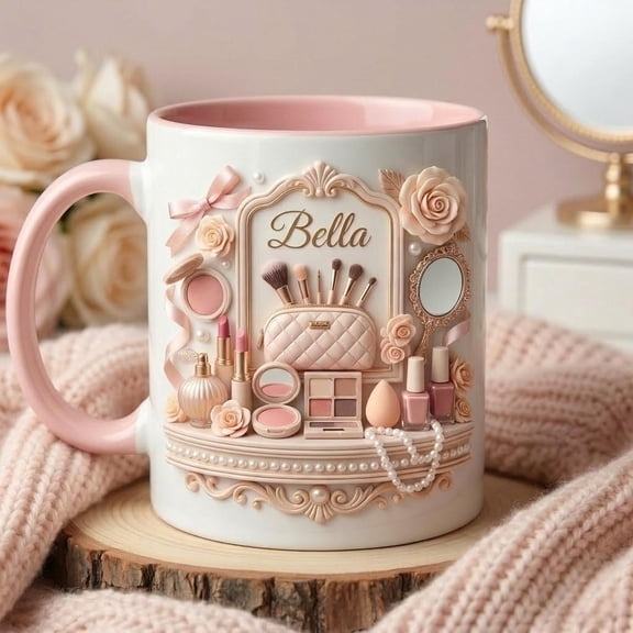 Personalized Makeup Mug, Custom Name Pink Ceramic Cup, Beauty Vanity Coffee Mug