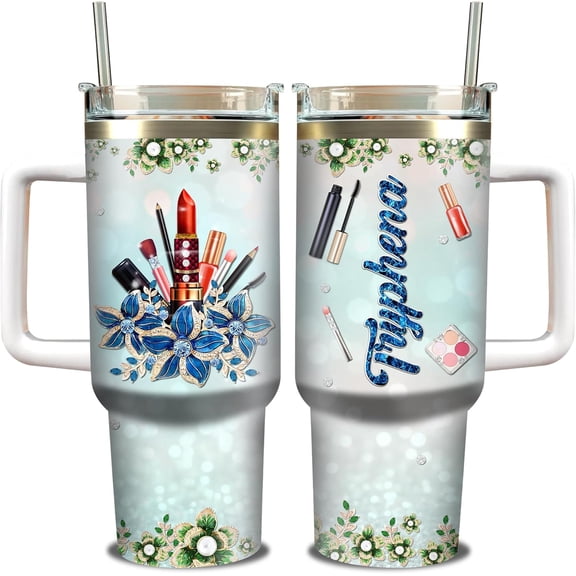 Personalized Makeup Tumbler 40oz with Handle and Straw Stainless Steel Custom Name Insulated Double Wall Vacuum Jewelry Style Floral Flower Print Gifts for Esthetician Lovers Artist