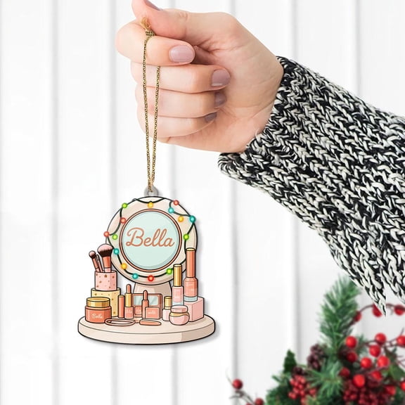 Personalized Makeup Vanity Mirror Acrylic Christmas Ornament 2025 Custom Name Beauty Lover Keepsake, Vanity Case Holiday Tree Decor, Makeup Artist Gift