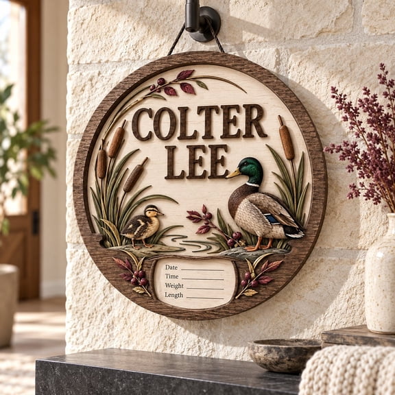 Personalized Mallard Duck Wooden Sign, 2-Layer Custom Name and Birth Stats Nursery Room Decor