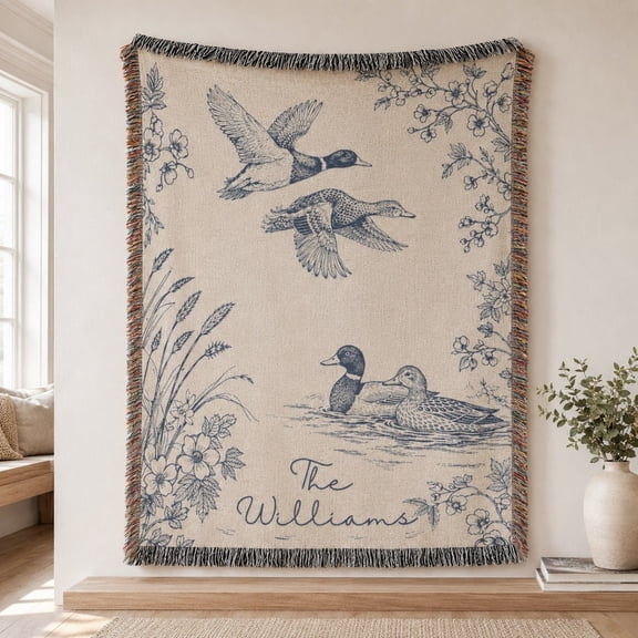 Personalized Mallard Duck Woven Cotton Blanket, Custom Name Throw