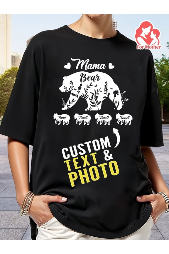 Personalized Mama Bear T-Shirt for Women Custom Names Floral Graphic Tee Mother's Day Gift Retro Style Comfortable Cotton Blend Top