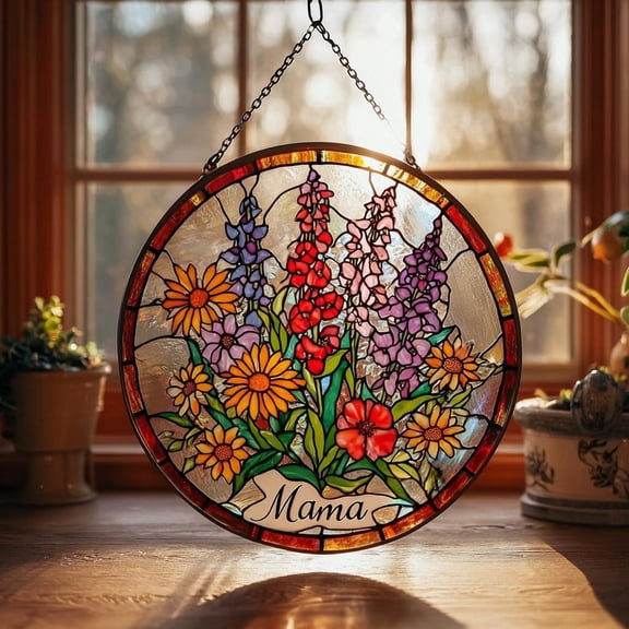 Personalized Mama Floral Stained Glass Suncatcher, Custom Window Hanging Decor