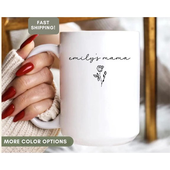 Personalized Mama Mug, Custom Birth Month Flower Coffee Cup, Floral Name Gift Idea, Cute Botanical Design