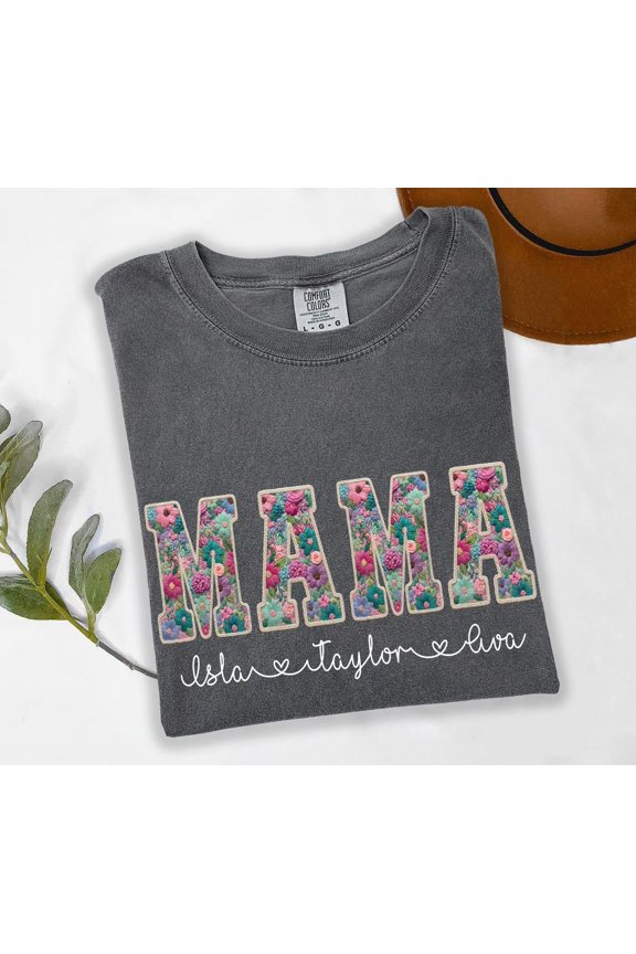 Personalized Mama Name Shirt, Faux Embroidery Effect Mama Graphic Tee, Custom Mom Design