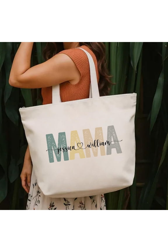 Personalized Mama Zippered Tote Bag, Custom Kids Name Mom Tote, Mother s Day Gift, Trendy