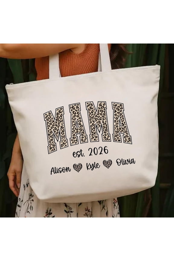 Personalized Mama Zippered Tote Bag, Custom Mom Tote With Names, Leopard Mama Tote With Zi