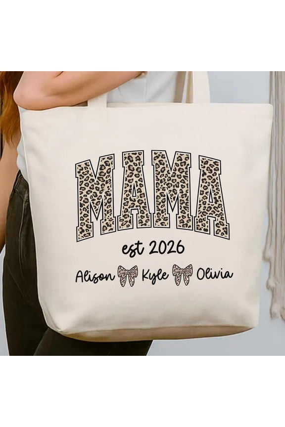 Personalized Mama Zippered Tote Bag With Names, Leopard Mama Tote With Zipper, Mothers Day