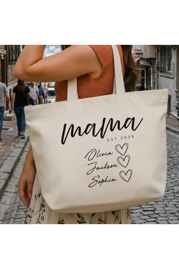 Personalized Mama Zippered Tote Bag with Children s Names, Custom Mom Tote, Minimal Script