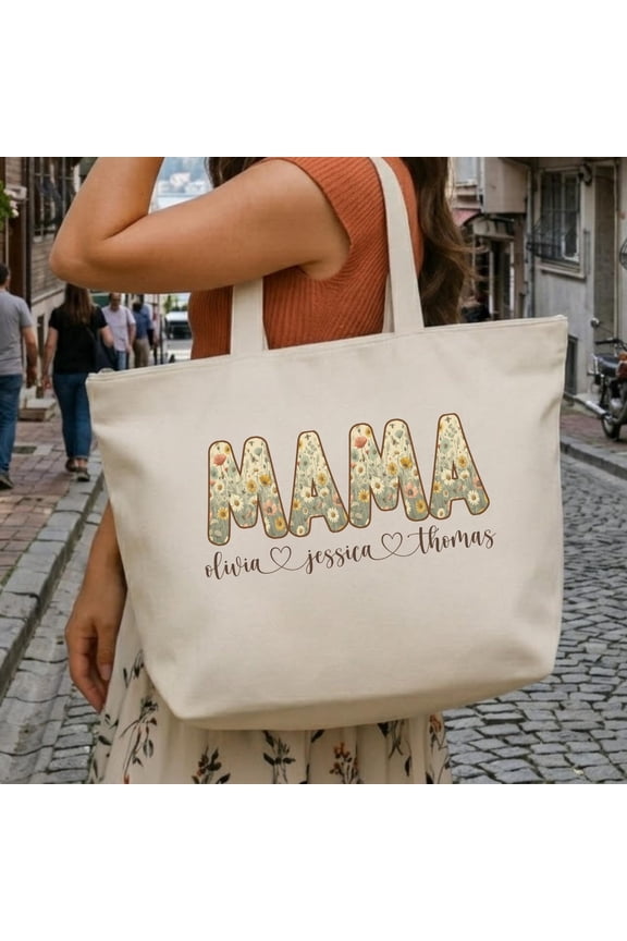 Personalized Mama Zippered Tote Bag with Children s Names, Floral Mom Tote, Custom Name To