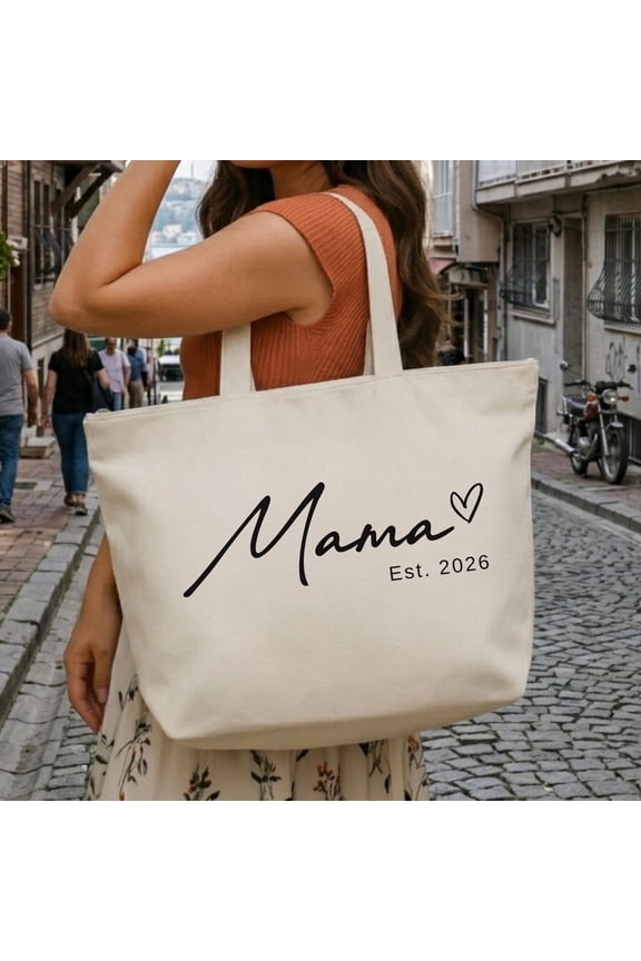 Personalized Mama Zippered Tote Bag with Children s Names, Minimal Script Mom Tote, Custom