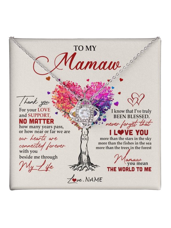 Personalized To My Mamaw Necklace From Grandkids Never Forget That I Love You You Mean The World Mamaw Birthday Mothers Day Jewelry Customized Gift Box Message Card, White Love Knot Necklace
