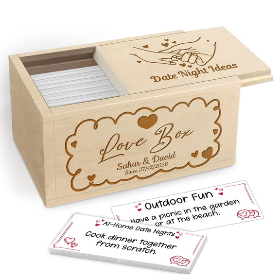 Personalized Maple Wood Date Night Ideas Box, Custom Names & Date Engraved Love Box with Cards, Romantic Gift for Couples, Anniversary Wedding Valentine Gift