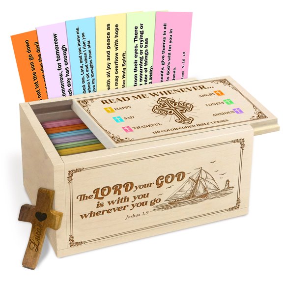 Personalized Maple Wood Prayer Box with 150 Color Coded Bible Verse Cards, Faith with Inspirational Scripture Cards and Wooden Cross for Daily Prayer and Reflection