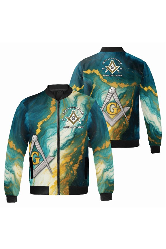 Personalized Masonic Bomber Jacket – Custom Freemason Lodge Name & Number – Unisex Outerwear with Compass & Square Symbol