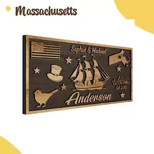 Personalized Massachusetts State Wall Art, Custom Family Name Sign with Date