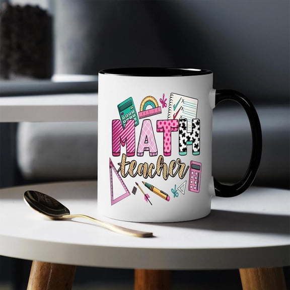 Personalized Math Teacher Cup Custom Name Colorful Math Pencils Calculator Ceramic Coffee Mug with Black Interior Teacher Appreciation Classroom Decor