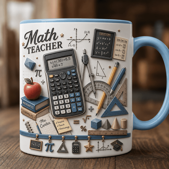 Personalized Math Teacher Ceramic Coffee Mugs Custom Name Calculator Geometry Tools Gift 11 oz 15 oz