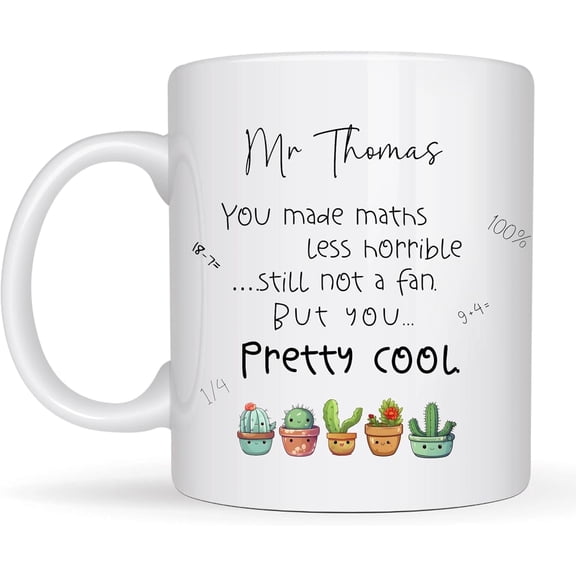 Personalized Math Teacher Mug, Cute Cactus Design, White Ceramic Coffee Cup, Gift For Educators, Teachers Lounge Humor, Birthday, Back To School, Christmas, 11oz