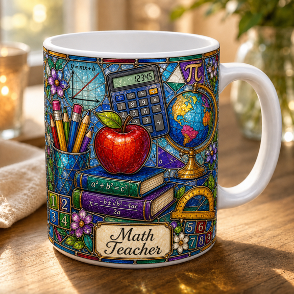Personalized Math Teacher Mug Stained Glass Style Back to School Gift Coffee Cup