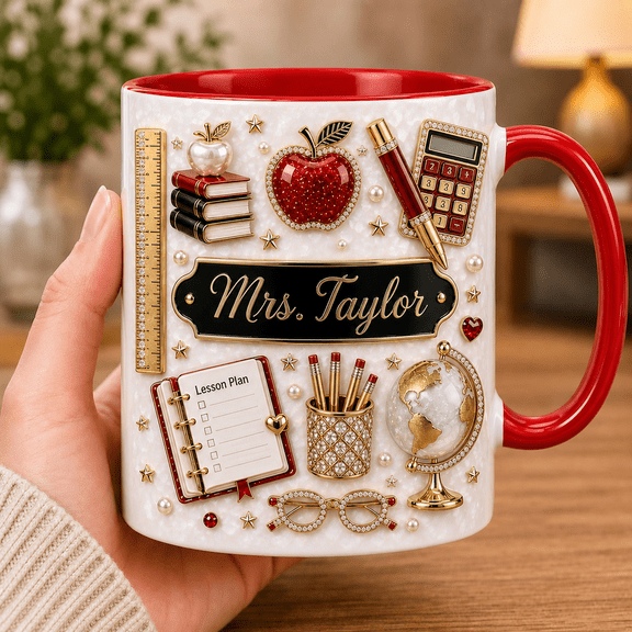 Personalized Math Teacher Mug with Name, Red Accent Coffee Cup Back to School Gift