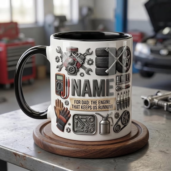 Personalized Mechanic Dad Mug 3D: Auto Engine, Tools, Tires Design