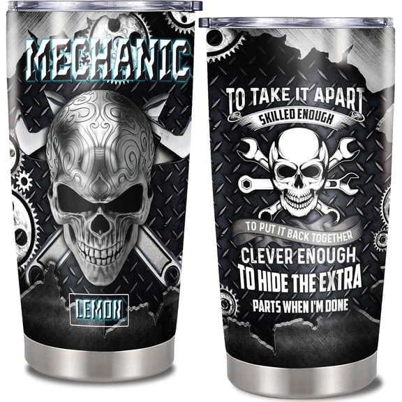 Personalized Mechanic Tumbler Skull Novelty Custom Name Travel Coffee Mug Insulated Cup With Lid Stainless Steel Engineering Gift For Mechanics Technicians Mechanical Engineers