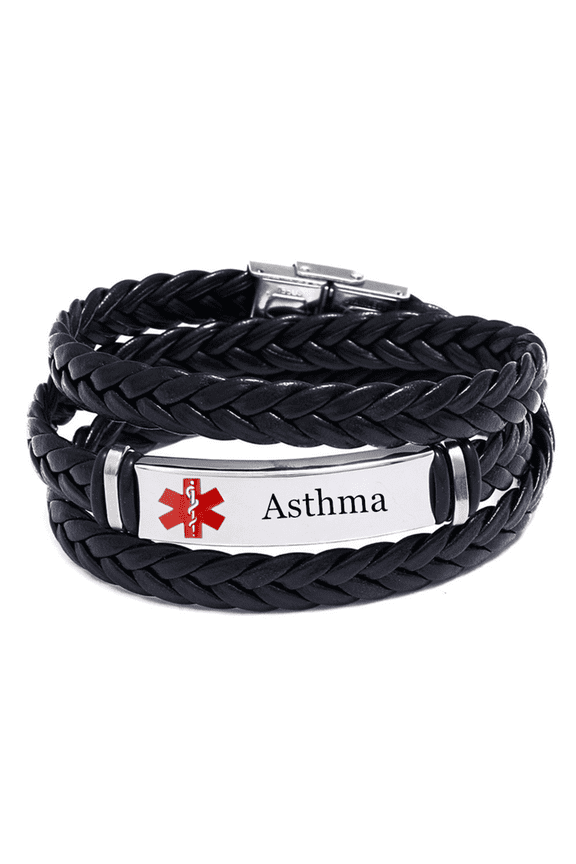 Personalized Medical Alert ID Asthma Wrap Leather Bracelet for Men Women, Custom Disease Awareness Emergency Life Saving Alarm Bangle,Free Engraving Medic Identification Jewelry for Patient
