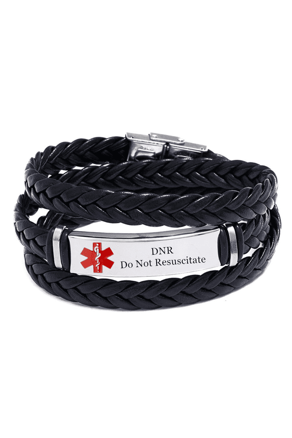 Personalized Medical Alert ID DNR Wrap Leather Bracelet for Men Women, Custom Disease Awareness Emergency Life Saving Alarm Bangle,Free Engraving Medic Identification Jewelry for Patient