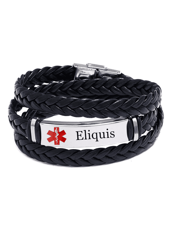 Personalized Medical Alert ID Eliquis Wrap Leather Bracelet for Men Women, Custom Disease Awareness Emergency Life Saving Alarm Bangle,Free Engraving Medic Identification Jewelry for Patient