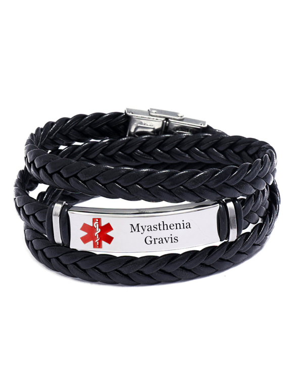 Personalized Medical Alert ID Myasthenia Gravis Wrap Leather Bracelet for Men Women, Custom Disease Awareness Emergency Life Saving Alarm Bangle,Customized Medic Identification Jewelry for Patient