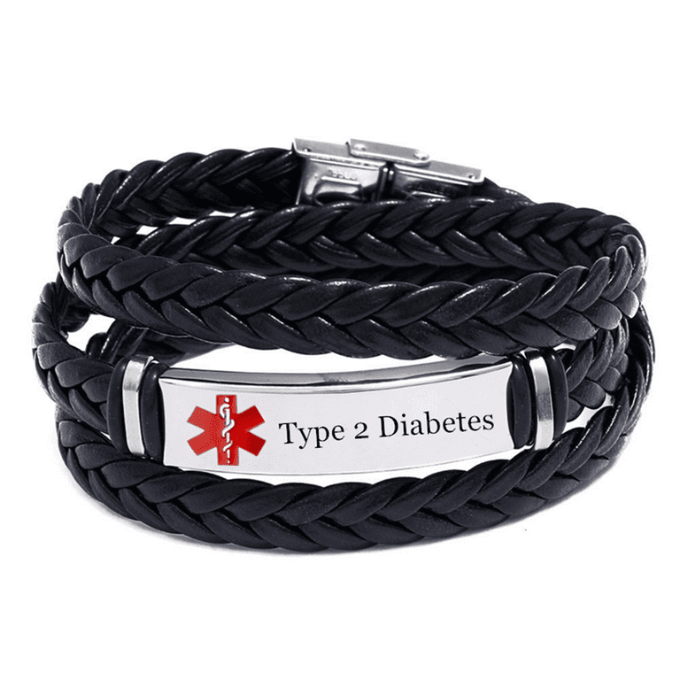 Personalized Medical Alert ID Type 2 Diabetes Wrap Leather Bracelet for Men Women Custom Disease Awareness Emergency Life Saving Alarm