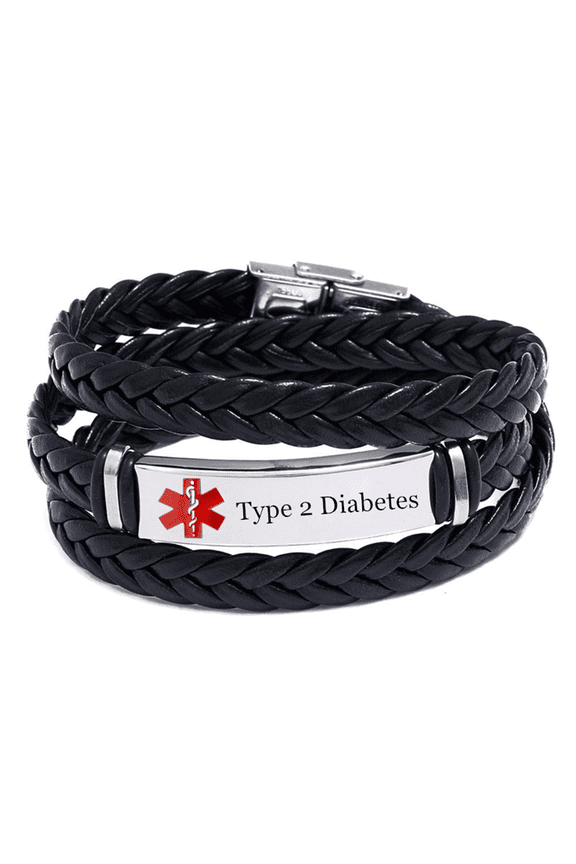 Personalized Medical Alert ID Type 2 Diabetes Wrap Leather Bracelet for Men Women, Custom Disease Awareness Emergency Life Saving Alarm Bangle,Customized Medic Identification Jewelry for Patient