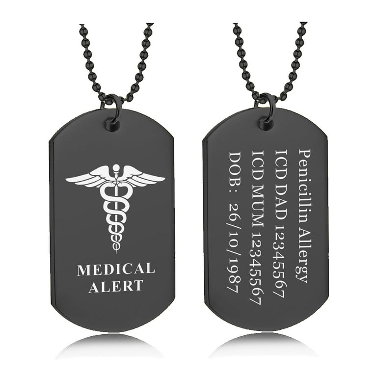 Personalized Medical Alert Necklace for Men Custom Laser Engraving Stainless Steel Medical Army Dog Tag Pendant with 24 Chain Emergency Medical