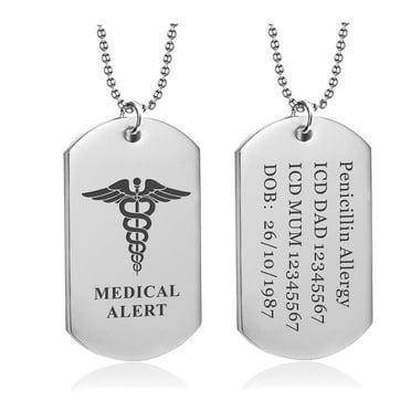 Personalized Medical Alert Necklace for Men, Custom Laser Engraving, Stainless Steel Medical Army Dog Tag Pendant with 24” Chain, Emergency Medical Card