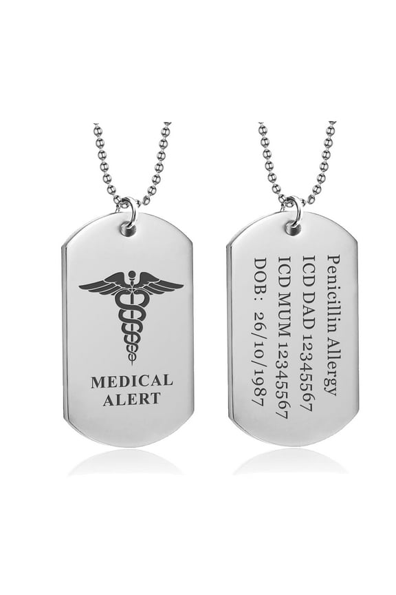Personalized Medical Alert Necklace for Men, Custom Laser Engraving, Stainless Steel Medical Army Dog Tag Pendant with 24” Chain, Emergency Medical Card