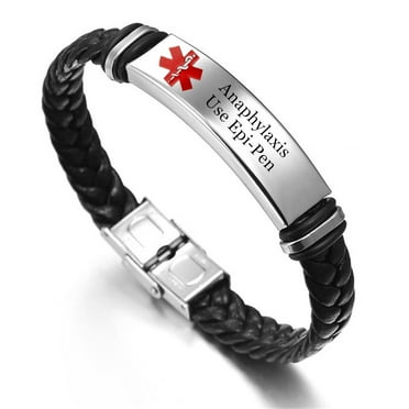 Personalized Medical Anaphylaxis Bracelet for Women Men Braided Leather ID Bangle Disease Allergy Awareness Alert Wristband Customized Identification Jewelry for Emergency Life Saver with Aid Bag