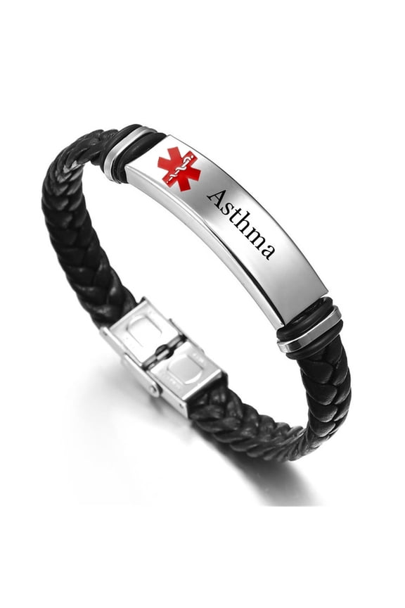 Personalized Medical Asthma Bracelet for Women Men Braided Leather ID Bangle Disease Awareness Alert Wristband Customized Identification Jewelry for Emergency Life Saver with Aid Bag