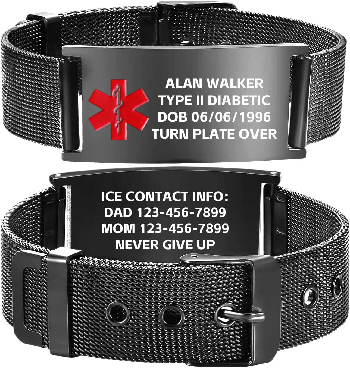 Warriors Men's Medical ID Bracelet – Black Carbon Fiber With Free Engraving, Stainless Steel, Adjustable