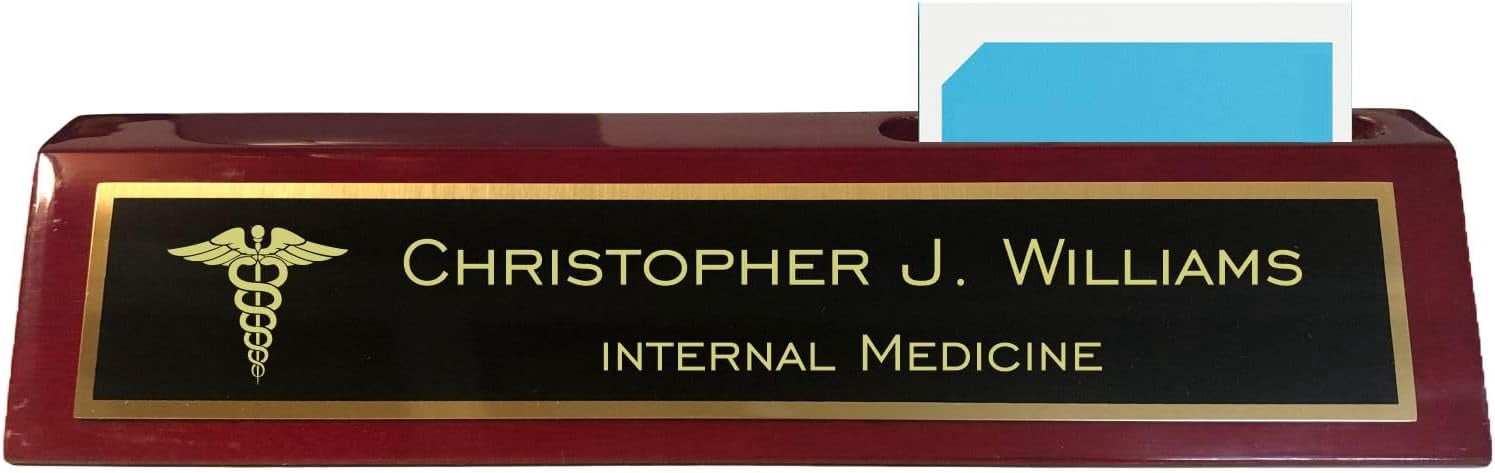 Personalized Medical Desk Name Plate - Rosewood Wedge With Caduceus Symbol, Custom Text Engraved, Doctor Nurse Graduation Gift