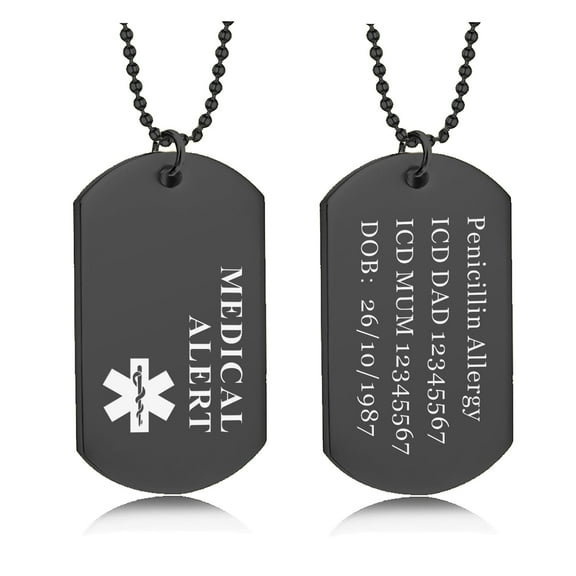 Personalized Medical ID Dog Tags, Medical Alert Necklace for Men, Stainless Steel Custom Laser Engraving, 24” Chain, Emergency Medical Military Card